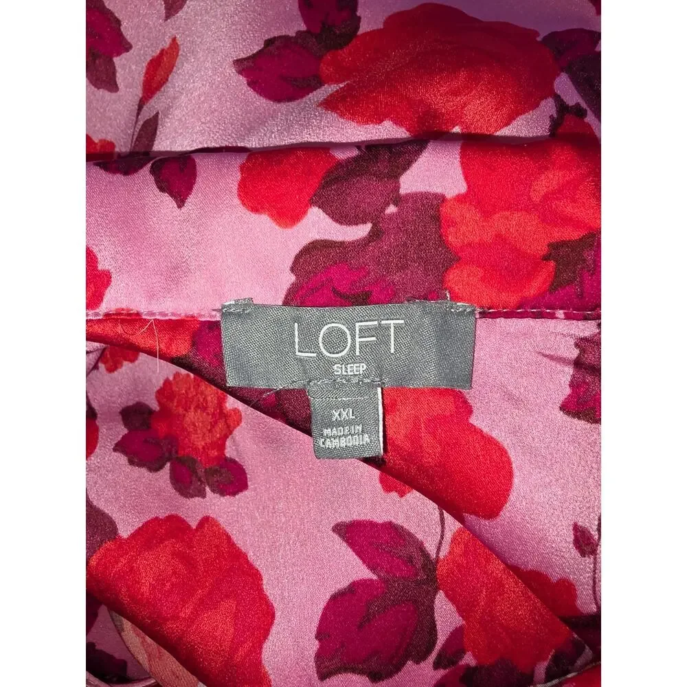 LOFT Pink Floral Silky Pajama Set Size XXL / 2X Satin Notch Colar